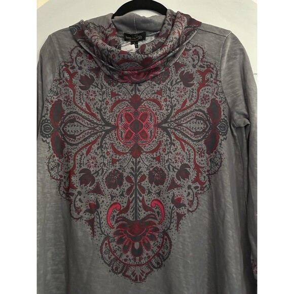 Suzanne Betro Long Sleeve Tunic Top Light Sweater Grey Boho Print Plus Size S - Picture 2 of 4